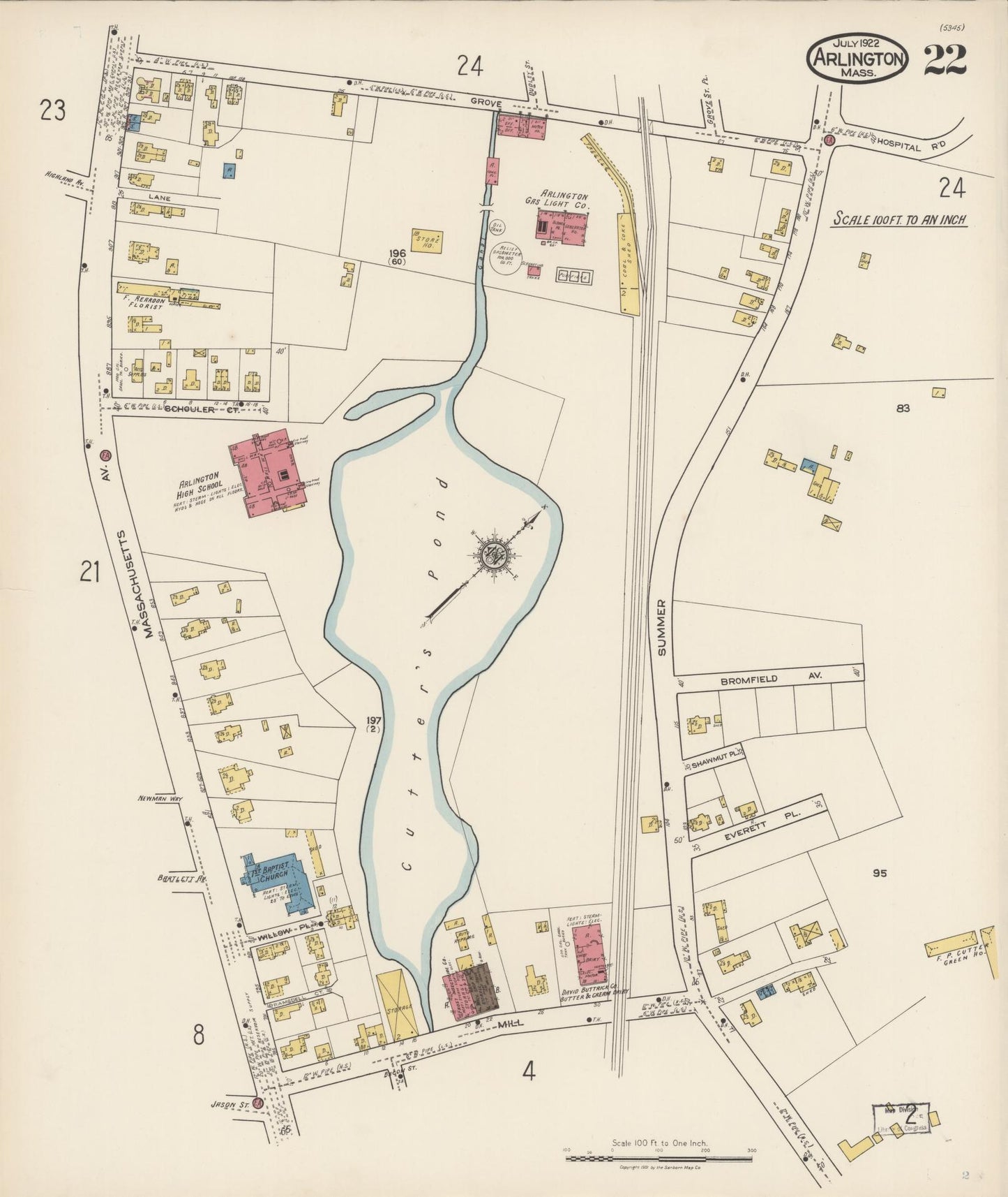 Sanborn Fire Insurance Map from Arlington, Middlesex County, Massachusetts (1922), Sheet #0022 - Complete Map Set gallery image, historic Sanborn map, vintage wall art, Massachusetts Massachusetts