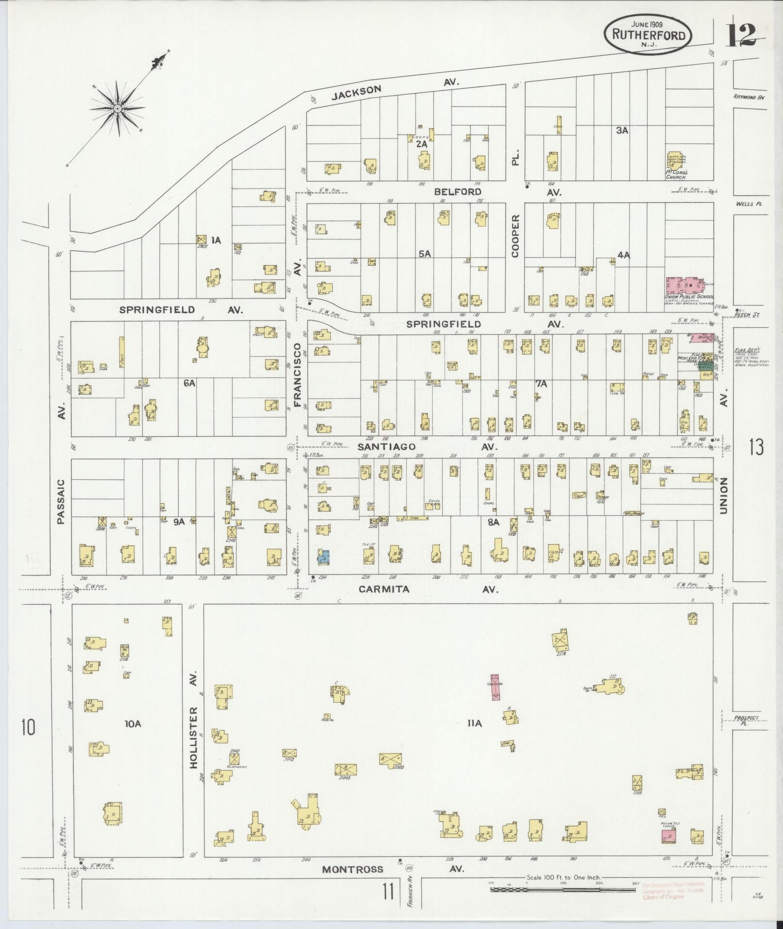 Sanborn Fire Insurance Map from Rutherford, Bergen County, New Jersey (1909), Sheet #0012 - Complete Map Set gallery image, historic Sanborn map, vintage wall art, New Jersey New Jersey