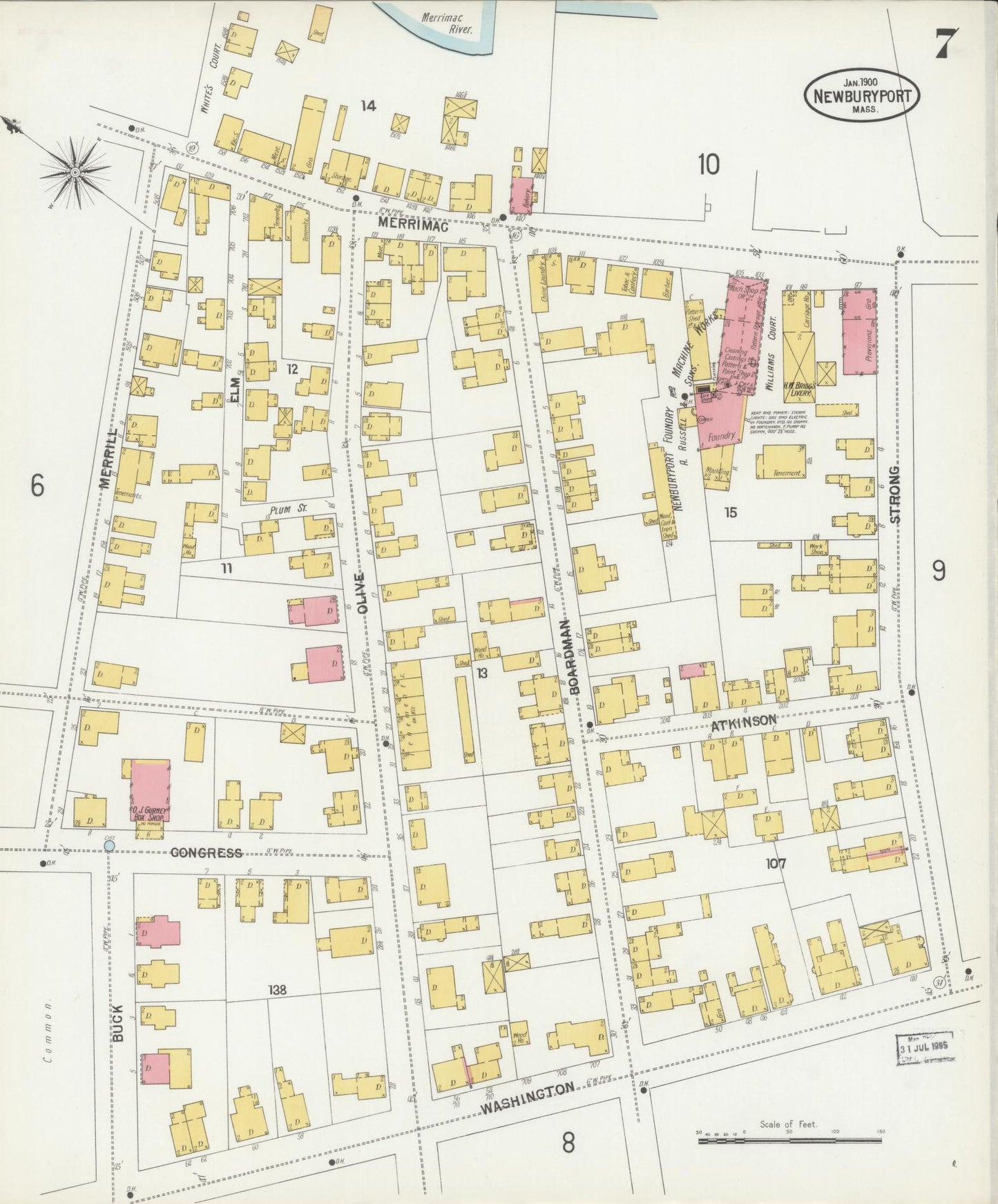 Sanborn Fire Insurance Map from Newburyport, Essex County, Massachusetts (1900), Sheet #0007 - Historic Sanborn Fire Insurance Map Print, vintage old map wall art, antique decor, genealogy gift, Massachusetts Massachusetts map