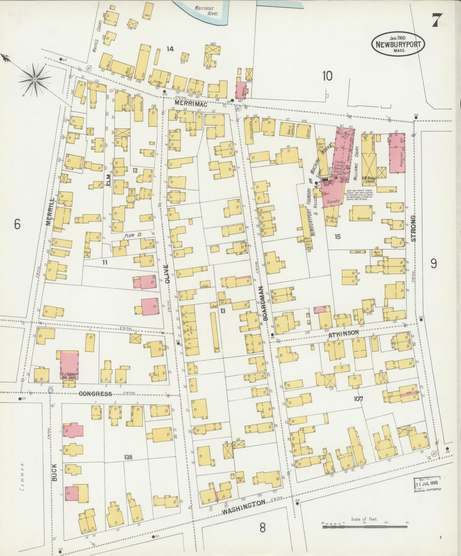 Sanborn Fire Insurance Map from Newburyport, Essex County, Massachusetts (1900), Sheet #0007 - Historic Sanborn Fire Insurance Map Print, vintage old map wall art, antique decor, genealogy gift, Massachusetts Massachusetts map