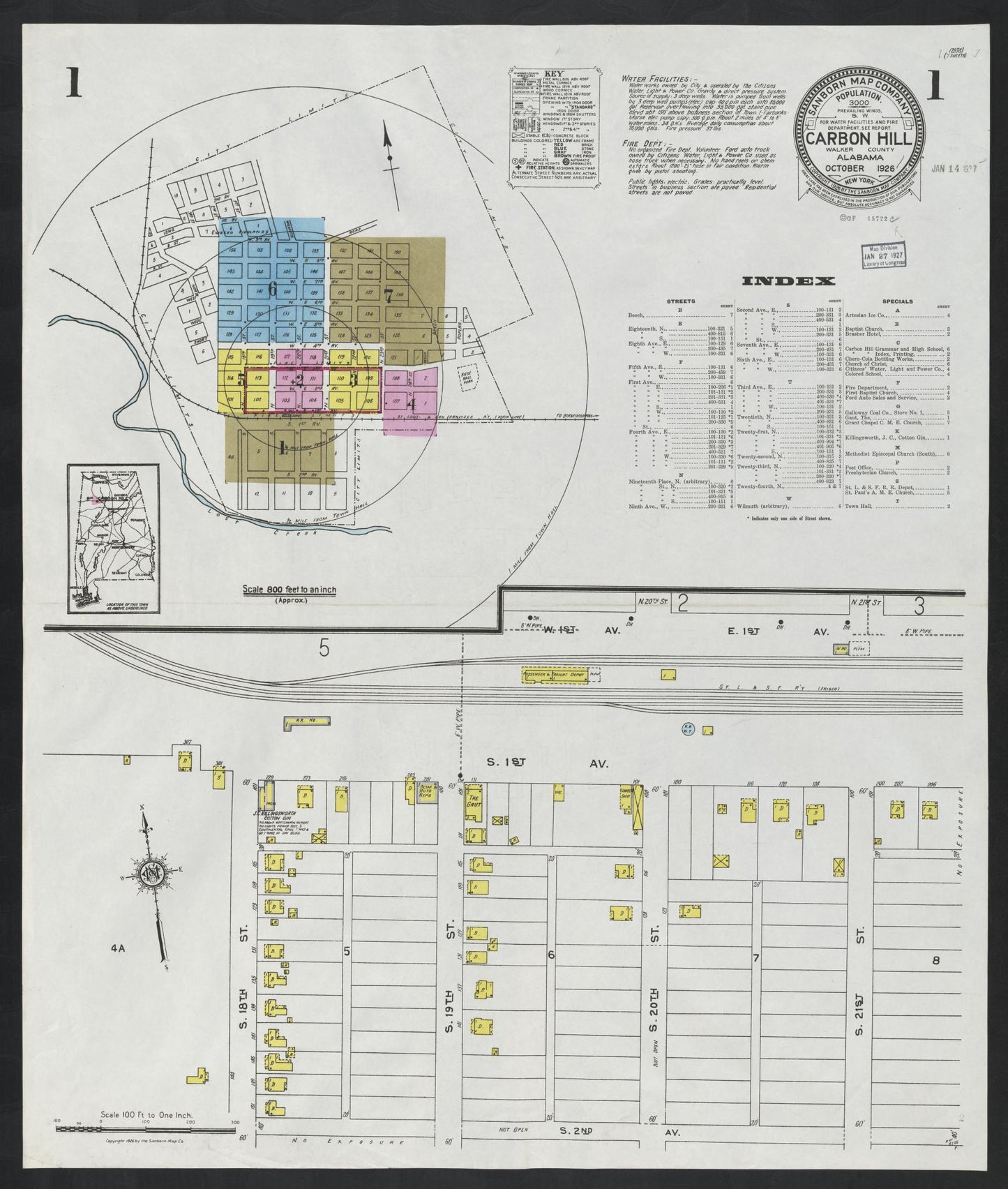 Sanborn Fire Insurance Map from Carbon Hill, Valher County, Alabama (1926), Sheet #0001 - Complete Map Set gallery image, historic Sanborn map, vintage wall art, Alabama Alabama
