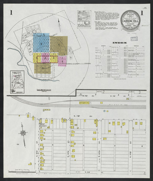Sanborn Fire Insurance Map from Carbon Hill, Valher County, Alabama (1926), Sheet #0001 - Complete Map Set gallery image, historic Sanborn map, vintage wall art, Alabama Alabama