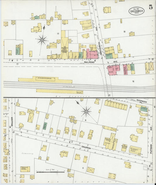 Sanborn Fire Insurance Map from Greenwich, Fairfield County, Connecticut (1901), Sheet #0005 - Historic Sanborn Fire Insurance Map Print, vintage old map wall art, antique decor, genealogy gift, Connecticut Connecticut map