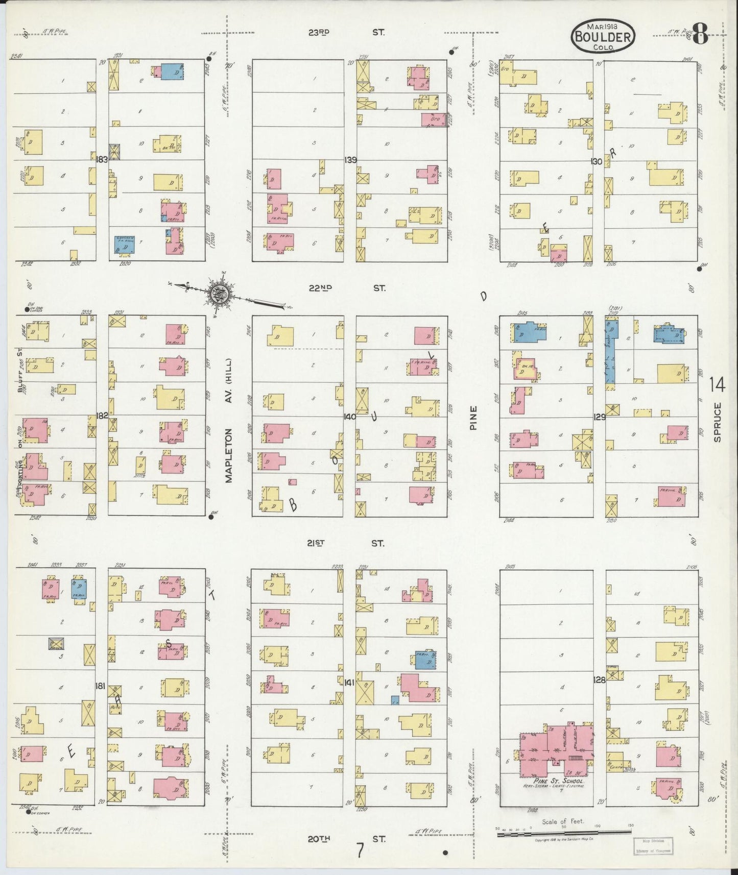 Sanborn Fire Insurance Map from Boulder, Boulder County, Colorado (1918), Sheet #0008 - Historic Sanborn Fire Insurance Map Print, vintage old map wall art, antique decor, genealogy gift, Colorado Colorado map