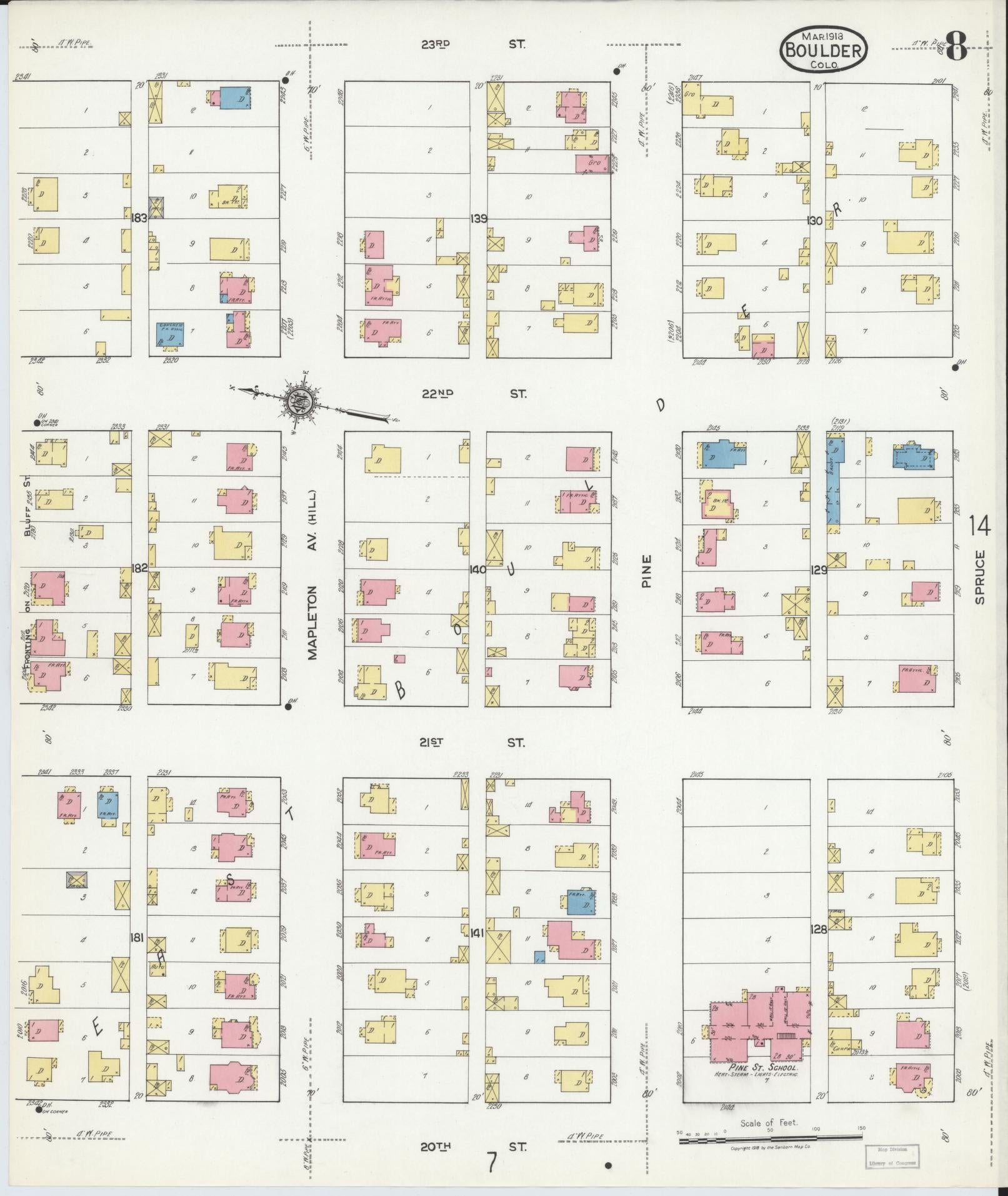 Sanborn Fire Insurance Map from Boulder, Boulder County, Colorado (1918), Sheet #0008 - Historic Sanborn Fire Insurance Map Print, vintage old map wall art, antique decor, genealogy gift, Colorado Colorado map