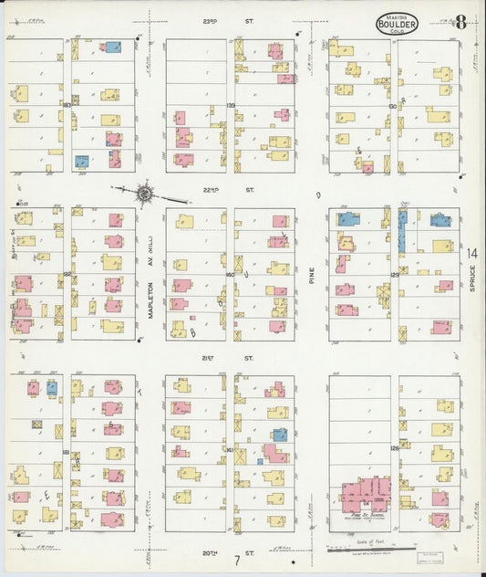 Sanborn Fire Insurance Map from Boulder, Boulder County, Colorado (1918), Sheet #0008 - Historic Sanborn Fire Insurance Map Print, vintage old map wall art, antique decor, genealogy gift, Colorado Colorado map