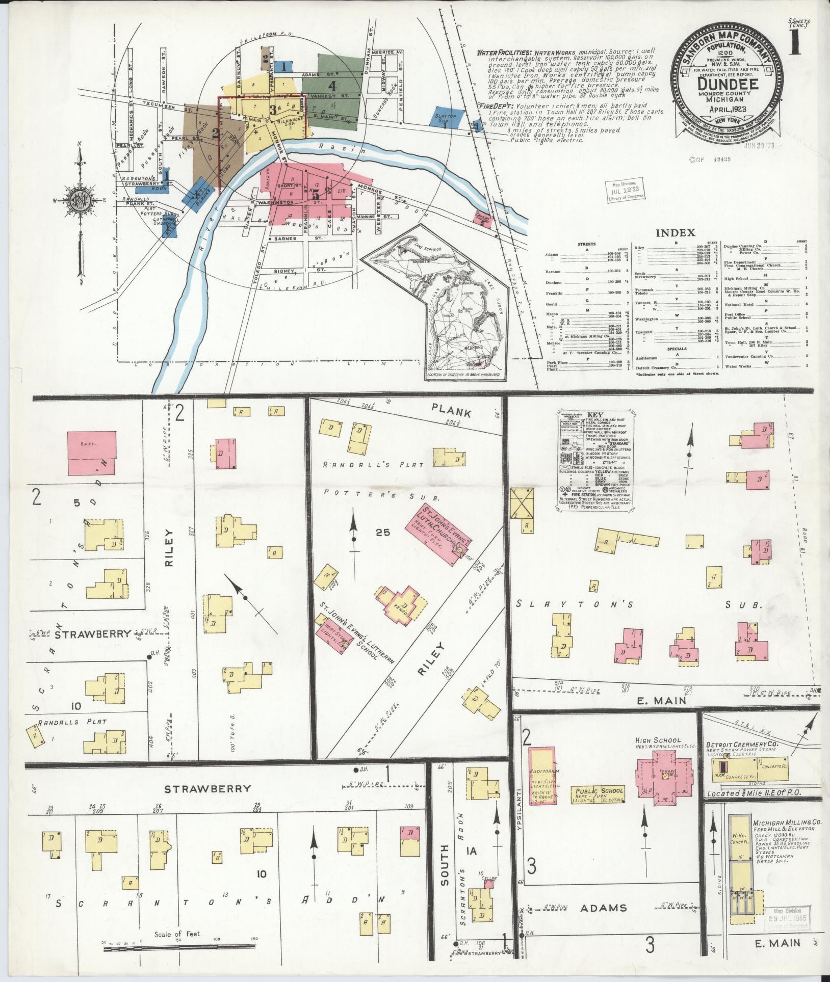 Sanborn Fire Insurance Map from Dundee, Monroe County, Michigan (1923), Sheet #0001 - Historic Sanborn Fire Insurance Map Print, vintage old map wall art, antique decor, genealogy gift, Michigan Michigan map