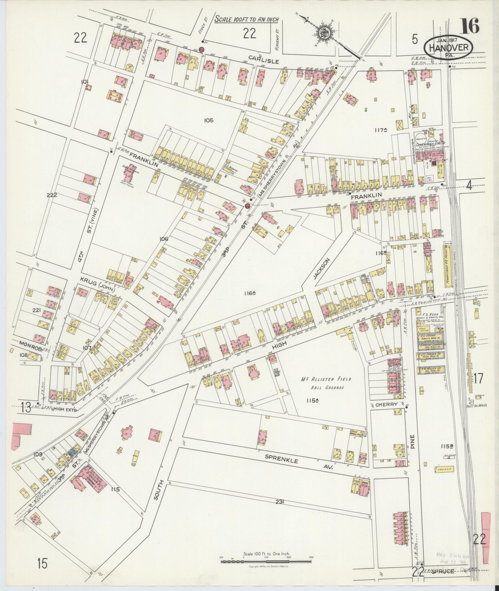 Sanborn Fire Insurance Map from Hanover, York County, Pennsylvania (1917), Sheet #0016 - Historic Sanborn Fire Insurance Map Print, vintage old map wall art, antique decor, genealogy gift, Pennsylvania Pennsylvania map