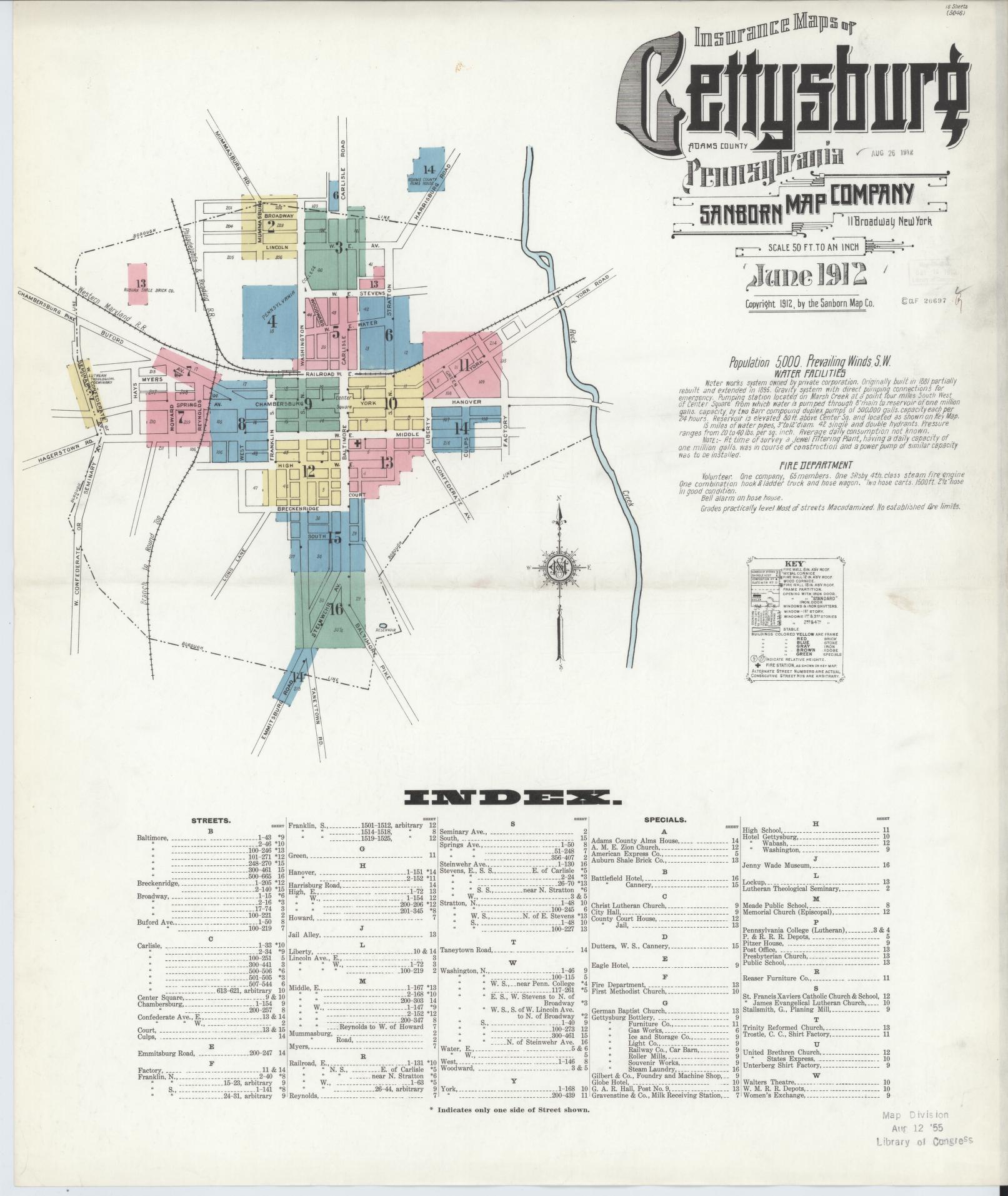 Sanborn Fire Insurance Map from Gettysburg, Adams County, Pennsylvania (1912), Sheet #0001 - Historic Sanborn Fire Insurance Map Print, vintage old map wall art, antique decor, genealogy gift, Pennsylvania Pennsylvania map