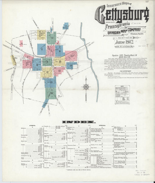 Sanborn Fire Insurance Map from Gettysburg, Adams County, Pennsylvania (1912), Sheet #0001 - Historic Sanborn Fire Insurance Map Print, vintage old map wall art, antique decor, genealogy gift, Pennsylvania Pennsylvania map