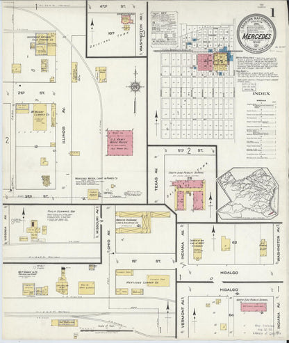 Sanborn Fire Insurance Map from Mercedes, Hidalgo County, Texas (1917), Sheet #0001 - Historic Sanborn Fire Insurance Map Print, vintage old map wall art, antique decor, genealogy gift, Texas Texas map