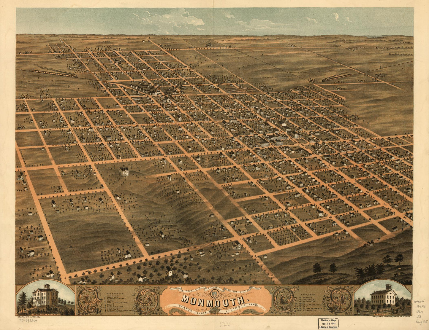 Bird's eye view of the city of Monmouth, Warren County, Illinois 1869. (1869) – Historic Bird’s-Eye View Panorama Print