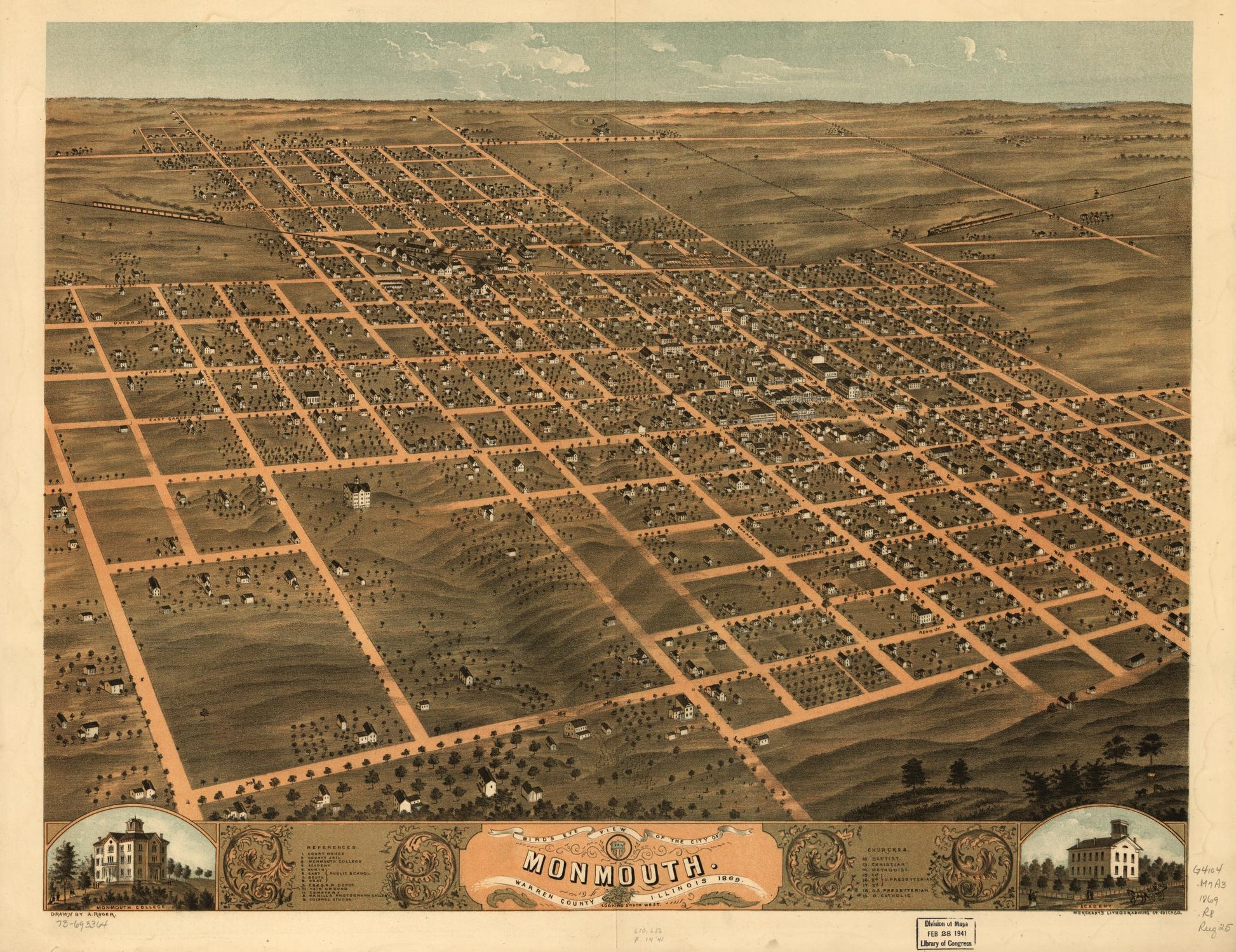 Bird's eye view of the city of Monmouth, Warren County, Illinois 1869. (1869) – Historic Bird’s-Eye View Panorama Print