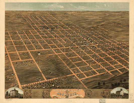 Bird's eye view of the city of Monmouth, Warren County, Illinois 1869. (1869) – Historic Bird’s-Eye View Panorama Print