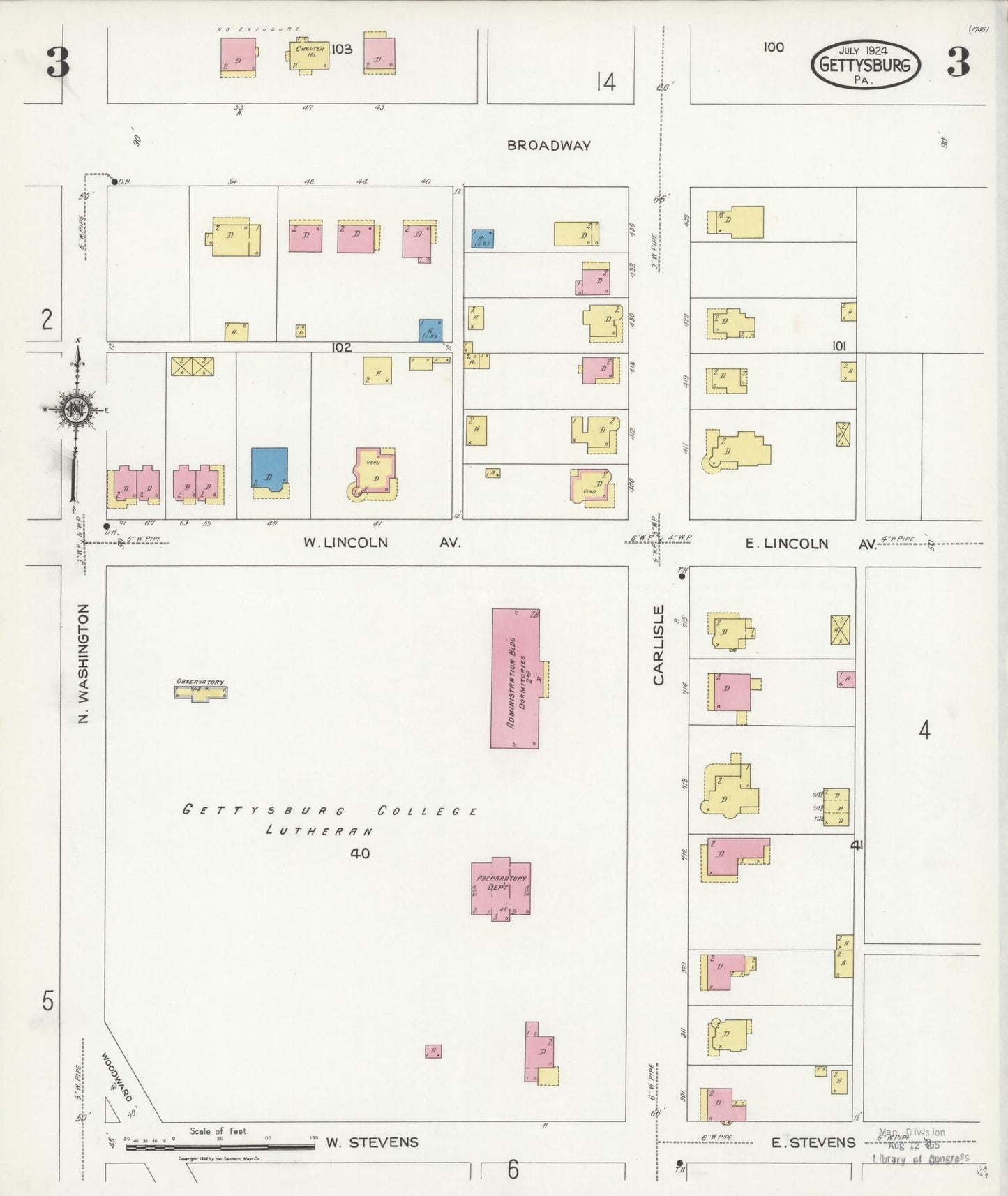 Sanborn Fire Insurance Map from Gettysburg, Adams County, Pennsylvania (1924), Sheet #0003 - Historic Sanborn Fire Insurance Map Print, vintage old map wall art, antique decor, genealogy gift, Pennsylvania Pennsylvania map
