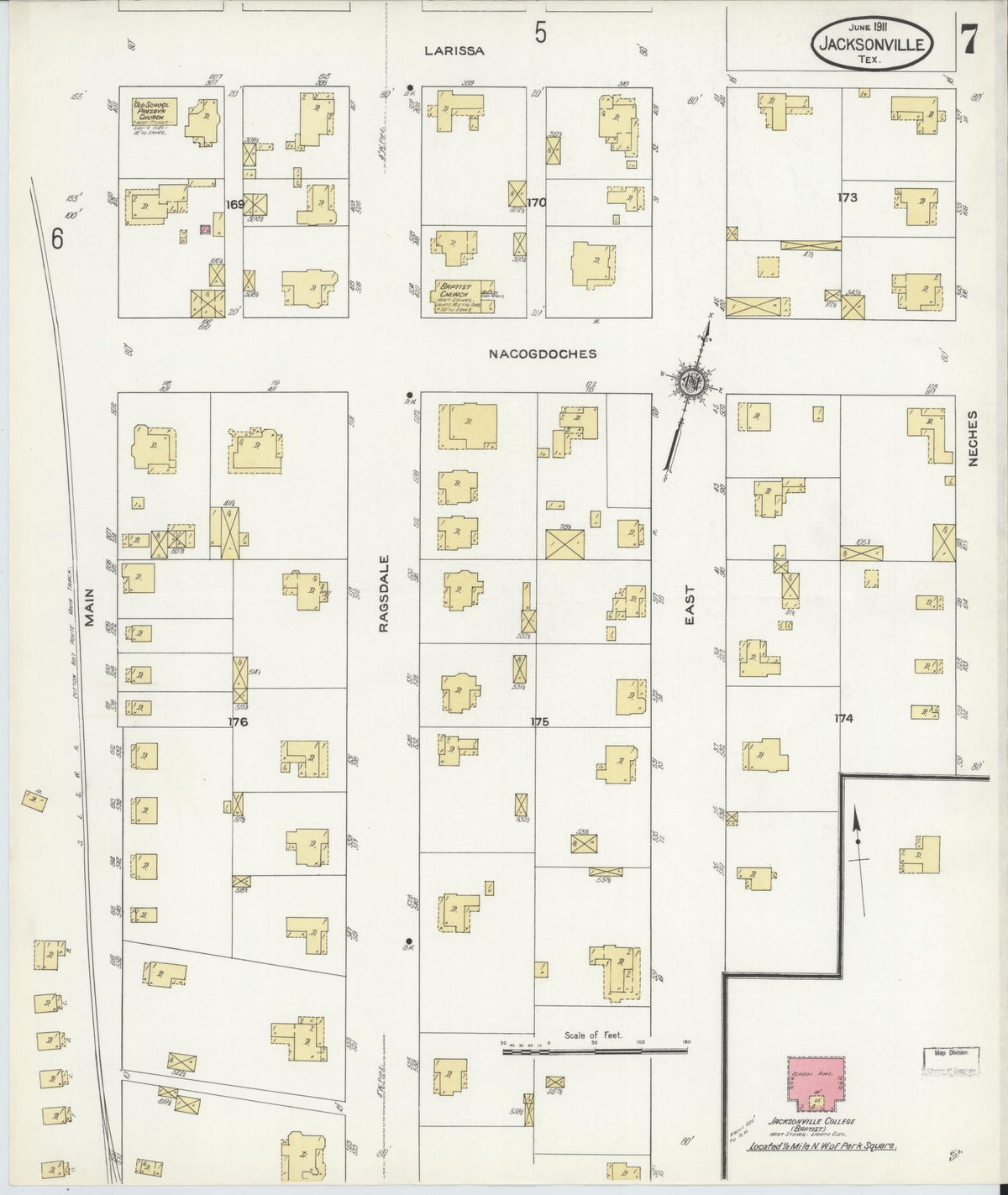 Sanborn Fire Insurance Map from Jacksonville, Cherokee County, Texas (1911), Sheet #0007 - Complete Map Set gallery image, historic Sanborn map, vintage wall art, Texas Texas