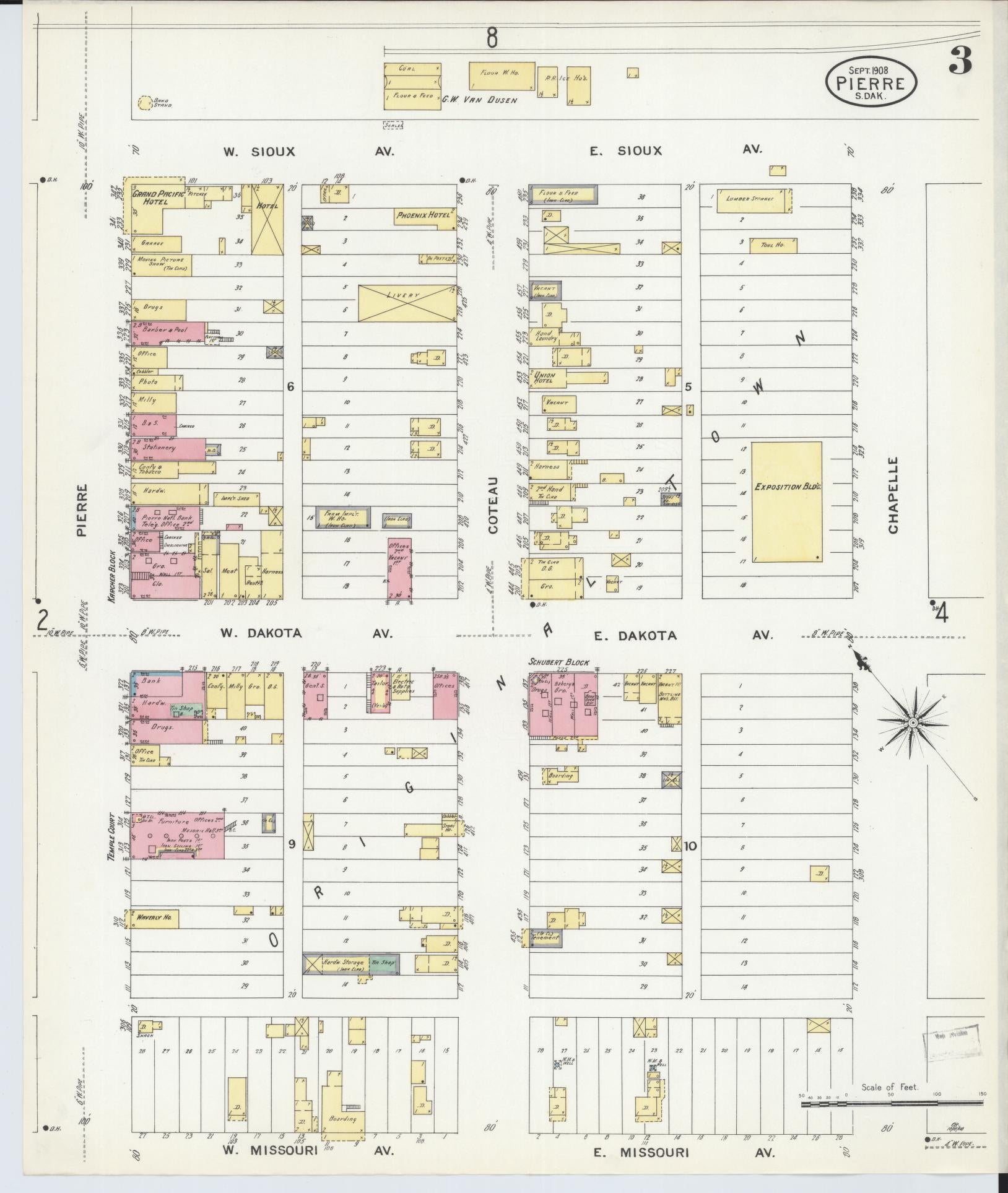 Sanborn Fire Insurance Map from Pierre, Hughes County, South Dakota (1908), Sheet #0003 - Historic Sanborn Fire Insurance Map Print, vintage old map wall art, antique decor, genealogy gift, South Dakota South Dakota map
