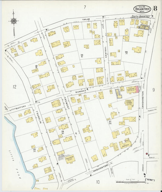 Sanborn Fire Insurance Map from Braintree, Norfolk County, Massachusetts (1919), Sheet #0008 - Historic Sanborn Fire Insurance Map Print, vintage old map wall art, antique decor, genealogy gift, Massachusetts Massachusetts map