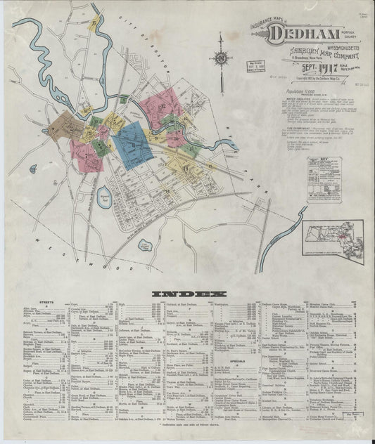 Sanborn Fire Insurance Map from Dedham, Norfolk County, Massachusetts (1917), Sheet #0001 - Historic Sanborn Fire Insurance Map Print, vintage old map wall art, antique decor, genealogy gift, Massachusetts Massachusetts map