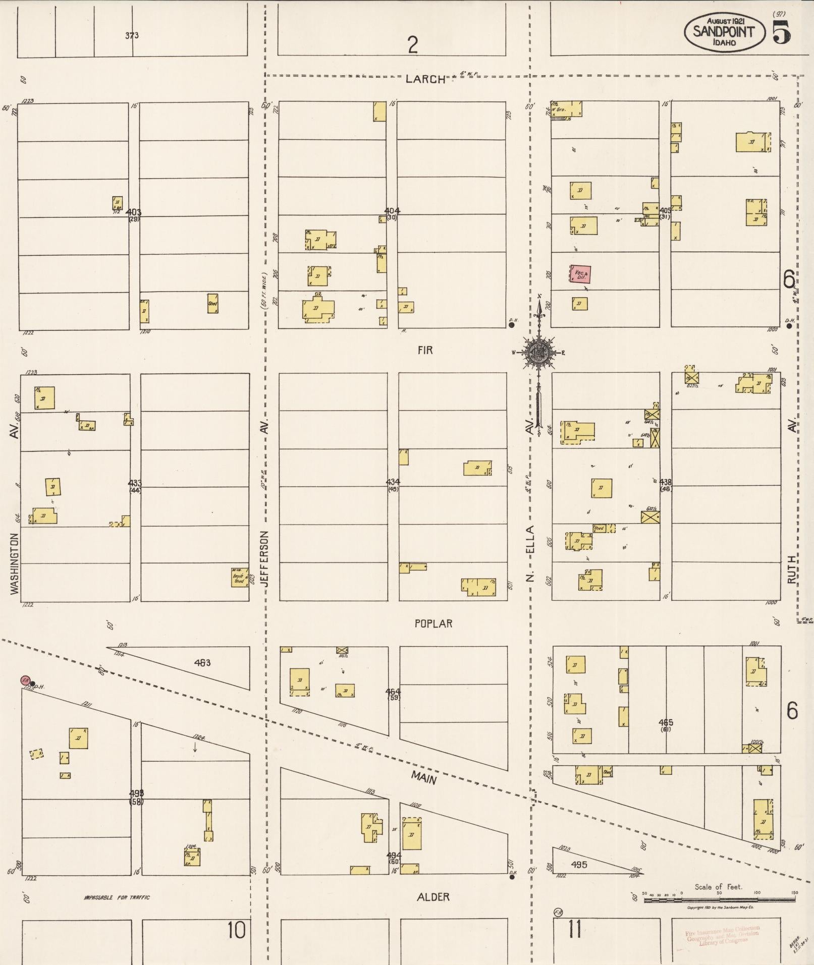 Sanborn Fire Insurance Map from Sandpoint, Bonner County, Idaho (1921), Sheet #0005 - Historic Sanborn Fire Insurance Map Print, vintage old map wall art, antique decor, genealogy gift, Idaho Idaho map