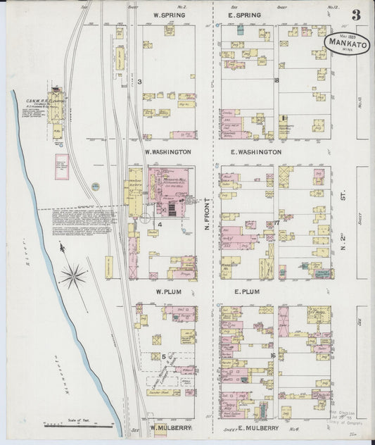 Sanborn Fire Insurance Map from Mankato, Blue Earth County, Minnesota (1889), Sheet #0003 - Historic Sanborn Fire Insurance Map Print, vintage old map wall art, antique decor, genealogy gift, Minnesota Minnesota map