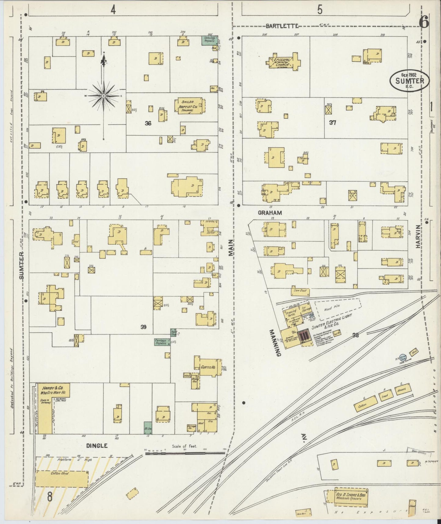 Sanborn Fire Insurance Map from Sumter, Sumter County, South Carolina (1902), Sheet #0006 - Complete Map Set gallery image, historic Sanborn map, vintage wall art, South Carolina South Carolina