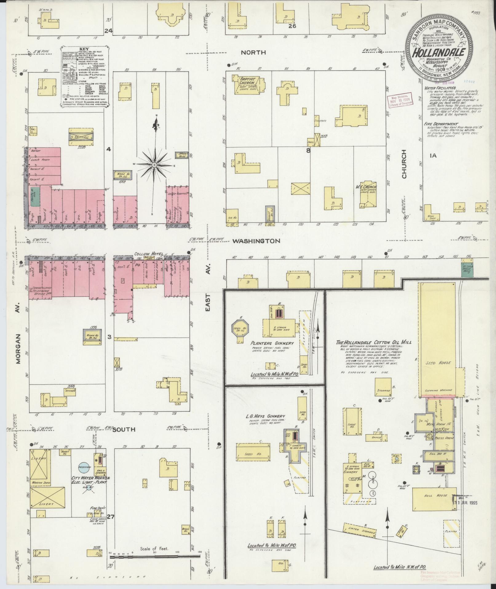 Sanborn Fire Insurance Map from Hollandale, Washington County, Mississippi. (1909) – Historic Sanborn Fire Insurance Map Print