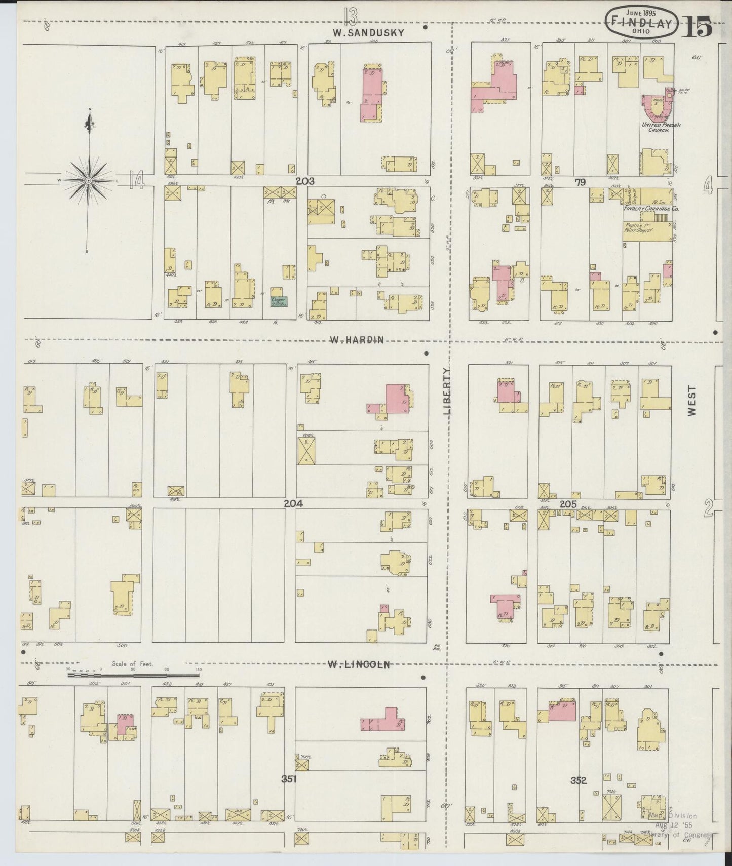 Sanborn Fire Insurance Map from Findlay, Hancock County, Ohio (1895), Sheet #0015 - Historic Sanborn Fire Insurance Map Print, vintage old map wall art, antique decor, genealogy gift, Ohio Ohio map