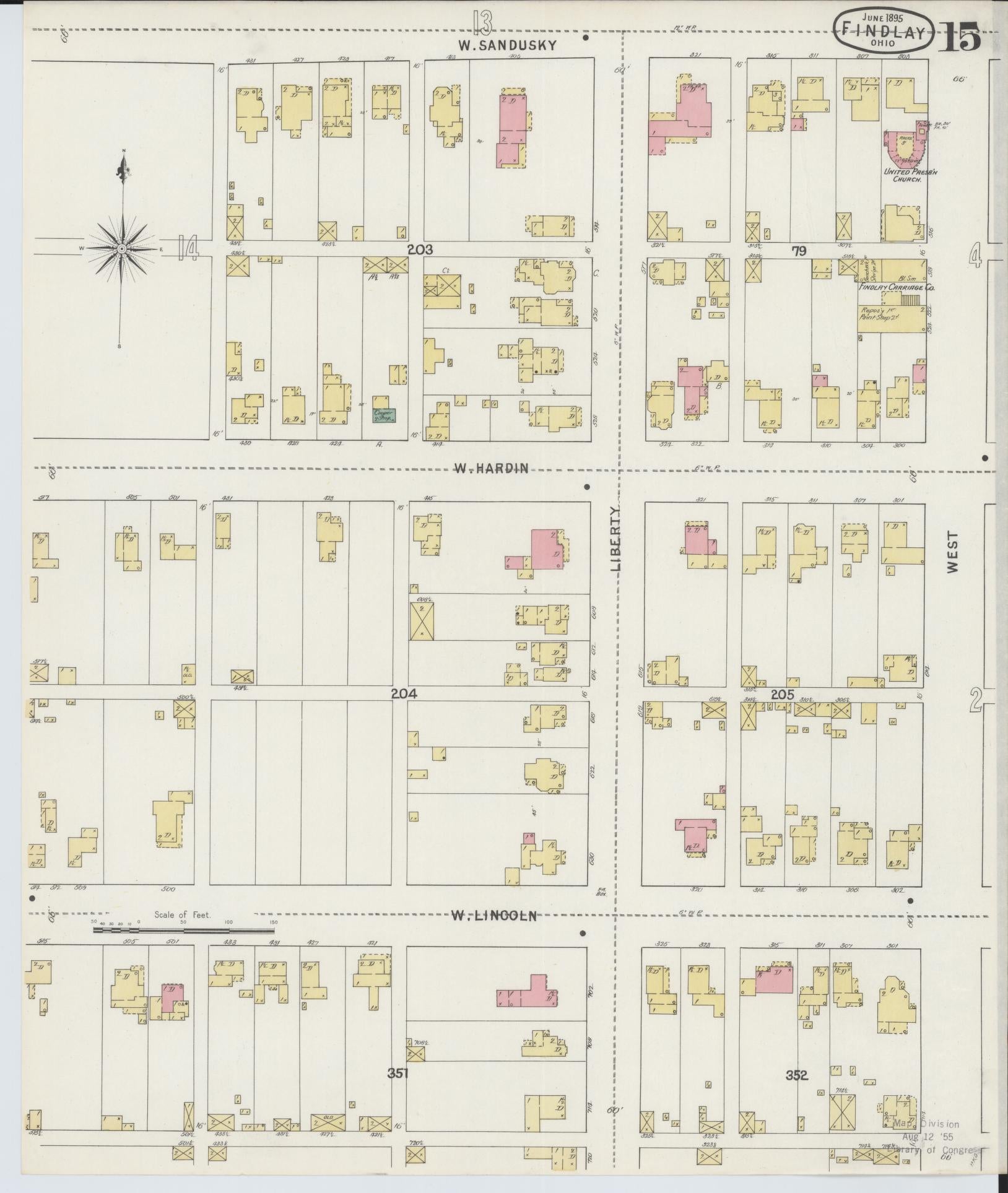 Sanborn Fire Insurance Map from Findlay, Hancock County, Ohio (1895), Sheet #0015 - Historic Sanborn Fire Insurance Map Print, vintage old map wall art, antique decor, genealogy gift, Ohio Ohio map