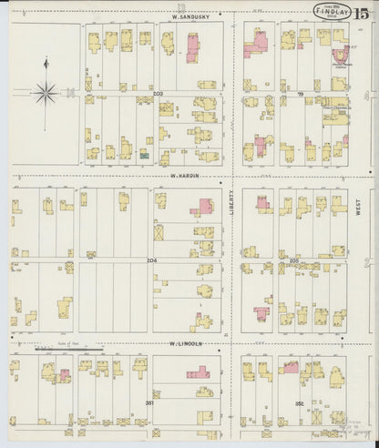 Sanborn Fire Insurance Map from Findlay, Hancock County, Ohio (1895), Sheet #0015 - Historic Sanborn Fire Insurance Map Print, vintage old map wall art, antique decor, genealogy gift, Ohio Ohio map