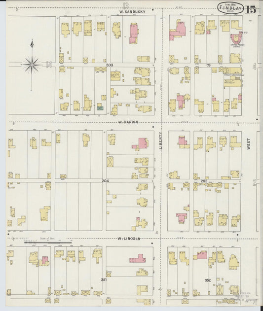 Sanborn Fire Insurance Map from Findlay, Hancock County, Ohio (1895), Sheet #0015 - Historic Sanborn Fire Insurance Map Print, vintage old map wall art, antique decor, genealogy gift, Ohio Ohio map