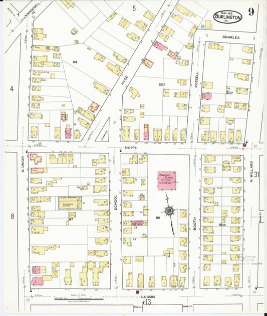 Sanborn Fire Insurance Map from Burlington, Chittenden County, Vermont (1919), Sheet #0009 - Historic Sanborn Fire Insurance Map Print, vintage old map wall art, antique decor, genealogy gift, Vermont Vermont map