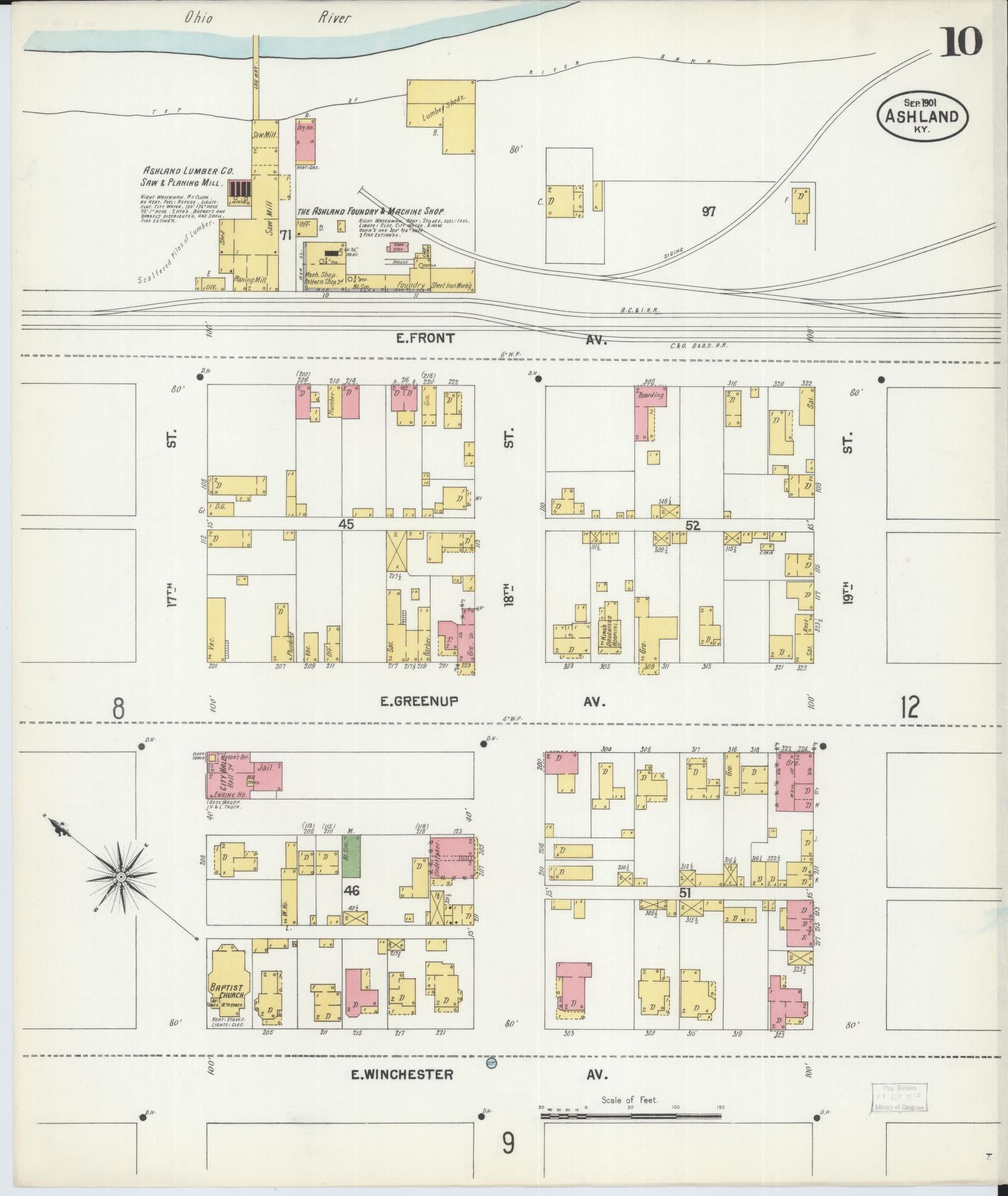 Sanborn Fire Insurance Map from Ashland, Boyd County, Kentucky (1901), Sheet #0010 - Historic Sanborn Fire Insurance Map Print, vintage old map wall art, antique decor, genealogy gift, Kentucky Kentucky map