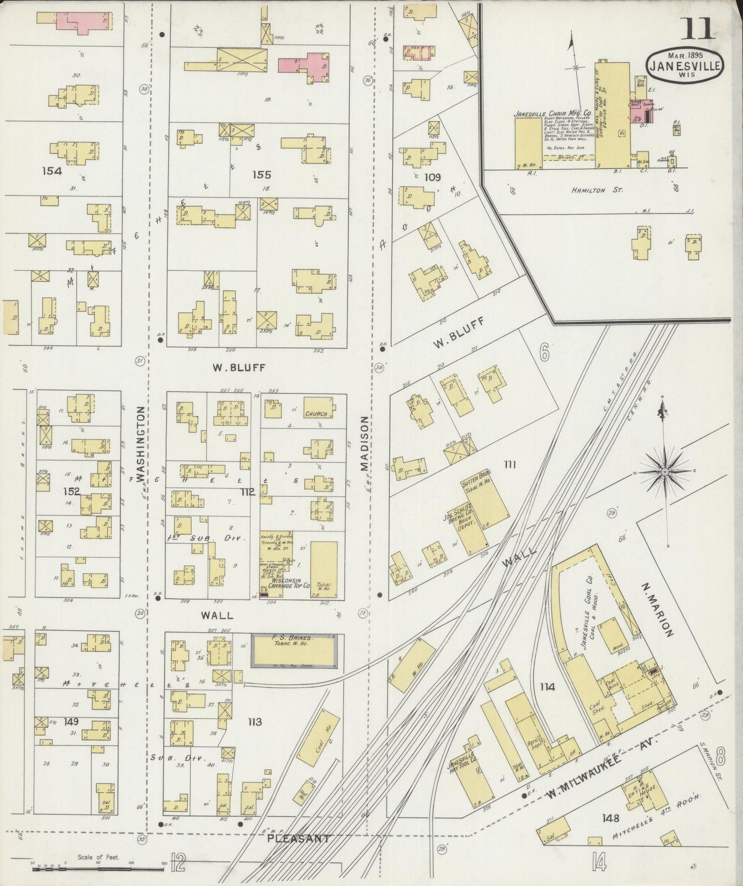 Sanborn Fire Insurance Map from Janesville, Rock County, Wisconsin (1895), Sheet #0011 - Historic Sanborn Fire Insurance Map Print, vintage old map wall art, antique decor, genealogy gift, Wisconsin Wisconsin map