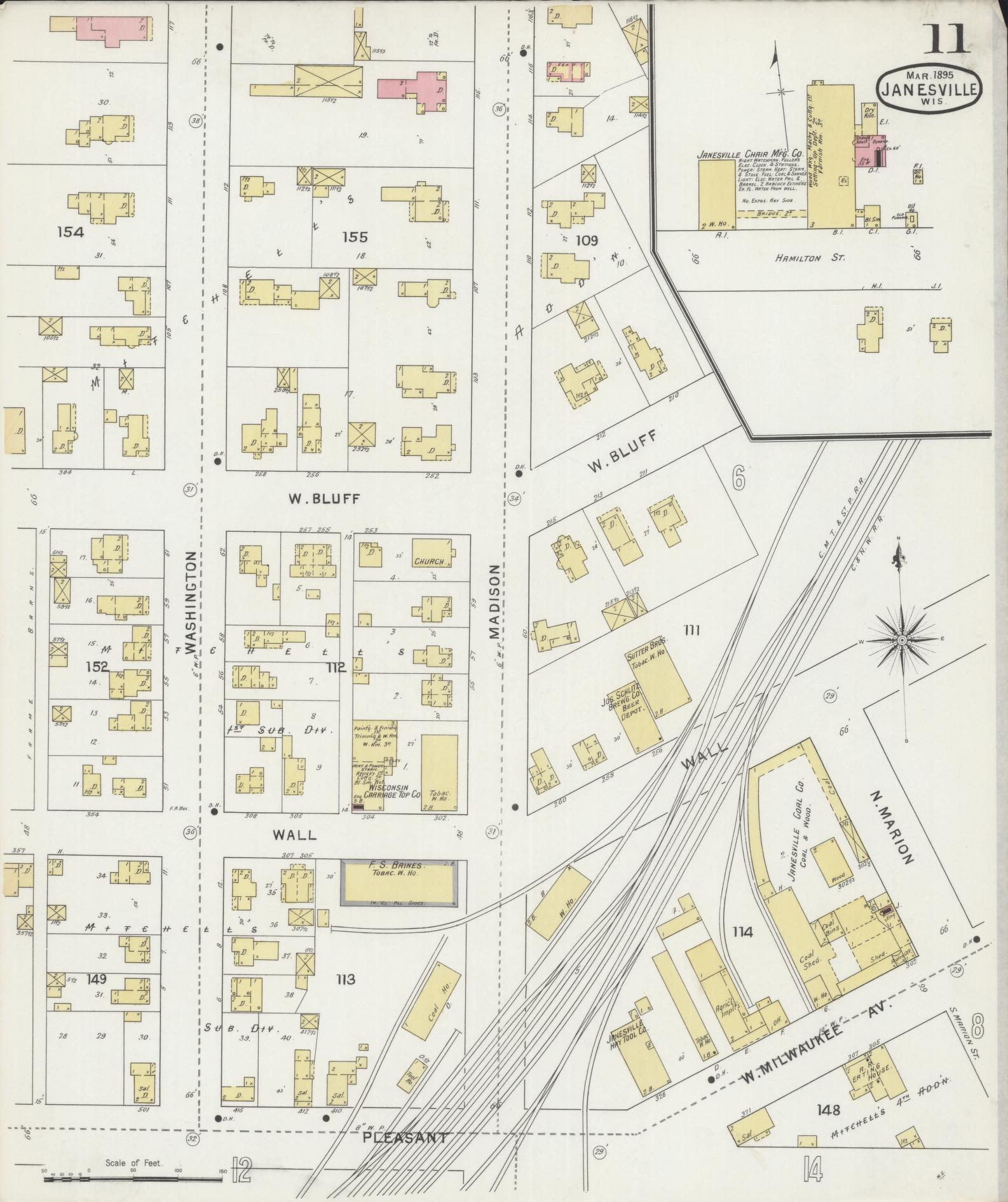 Sanborn Fire Insurance Map from Janesville, Rock County, Wisconsin (1895), Sheet #0011 - Historic Sanborn Fire Insurance Map Print, vintage old map wall art, antique decor, genealogy gift, Wisconsin Wisconsin map