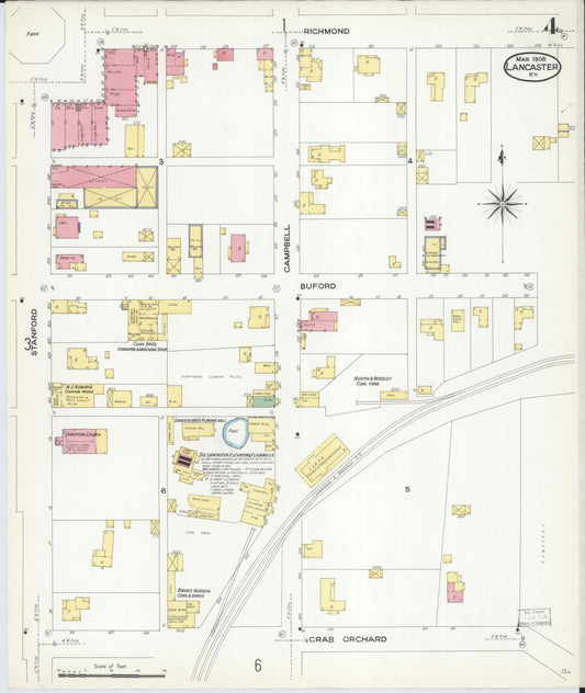 Sanborn Fire Insurance Map from Lancaster, Garrard County, Kentucky (1908), Sheet #0004 - Historic Sanborn Fire Insurance Map Print, vintage old map wall art, antique decor, genealogy gift, Kentucky Kentucky map