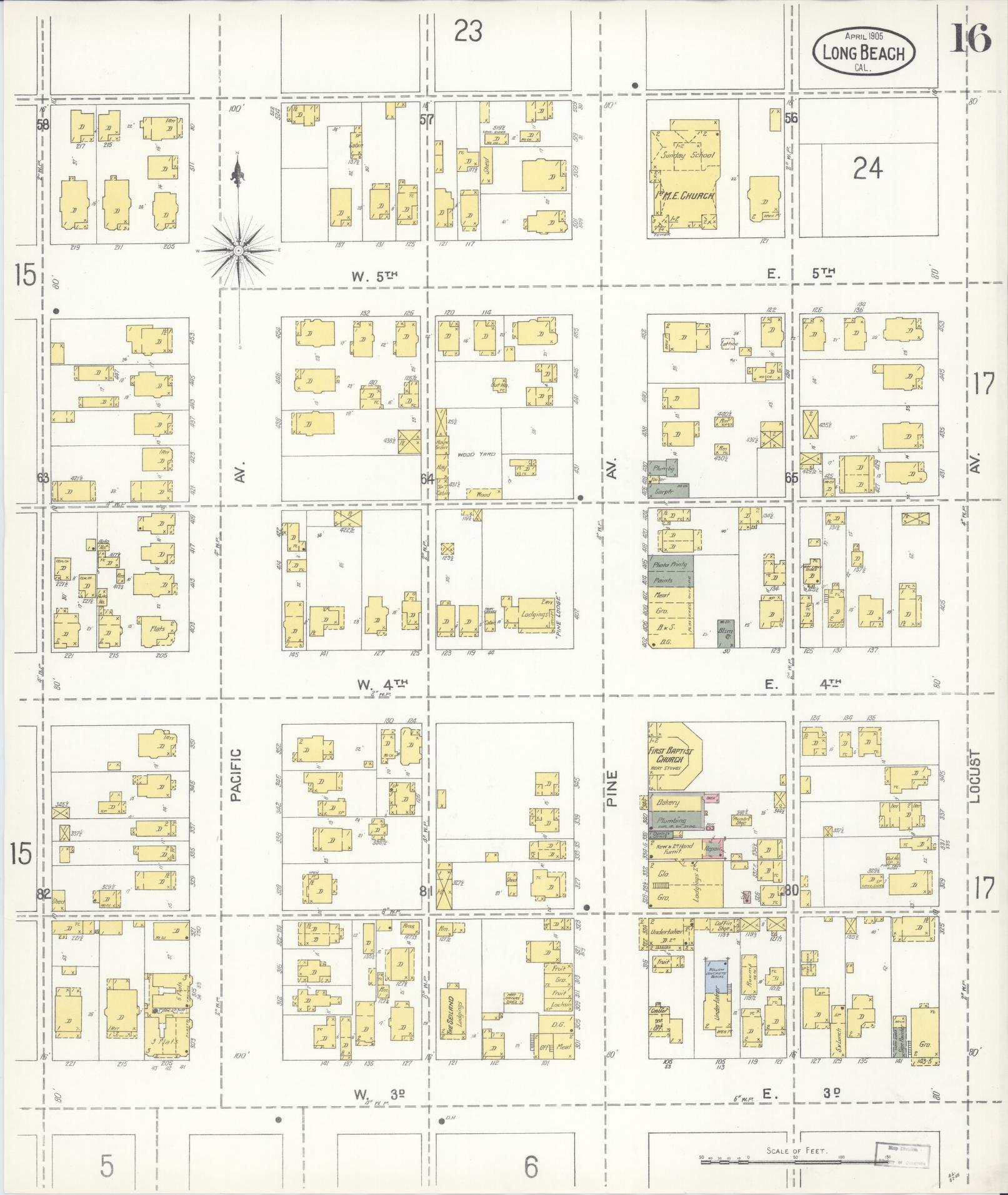 Sanborn Fire Insurance Map from Long Beach, Los Angeles County, California (1905), Sheet #0016 - Complete Map Set gallery image, historic Sanborn map, vintage wall art, California California