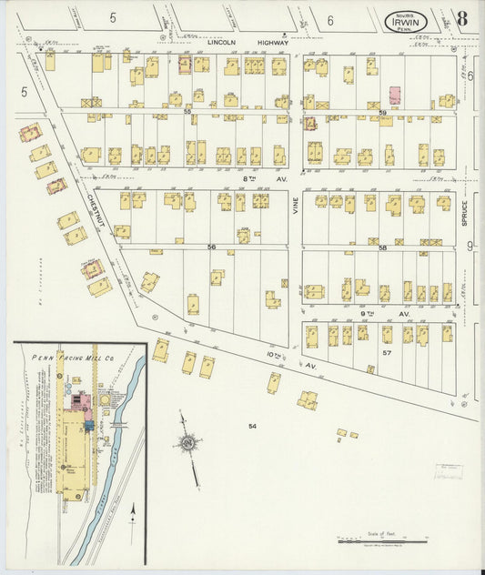 Sanborn Fire Insurance Map from Irwin, Westmoreland County, Pennsylvania (1919), Sheet #0008 - Historic Sanborn Fire Insurance Map Print, vintage old map wall art, antique decor, genealogy gift, Pennsylvania Pennsylvania map