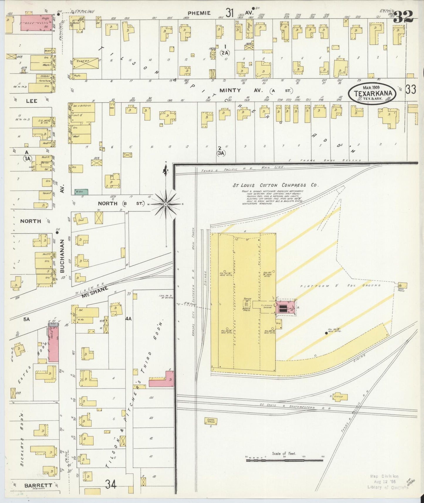 Sanborn Fire Insurance Map from Texarkana, Bowie County, Texas (1909), Sheet #0032 - Complete Map Set gallery image, historic Sanborn map, vintage wall art, Texas Texas