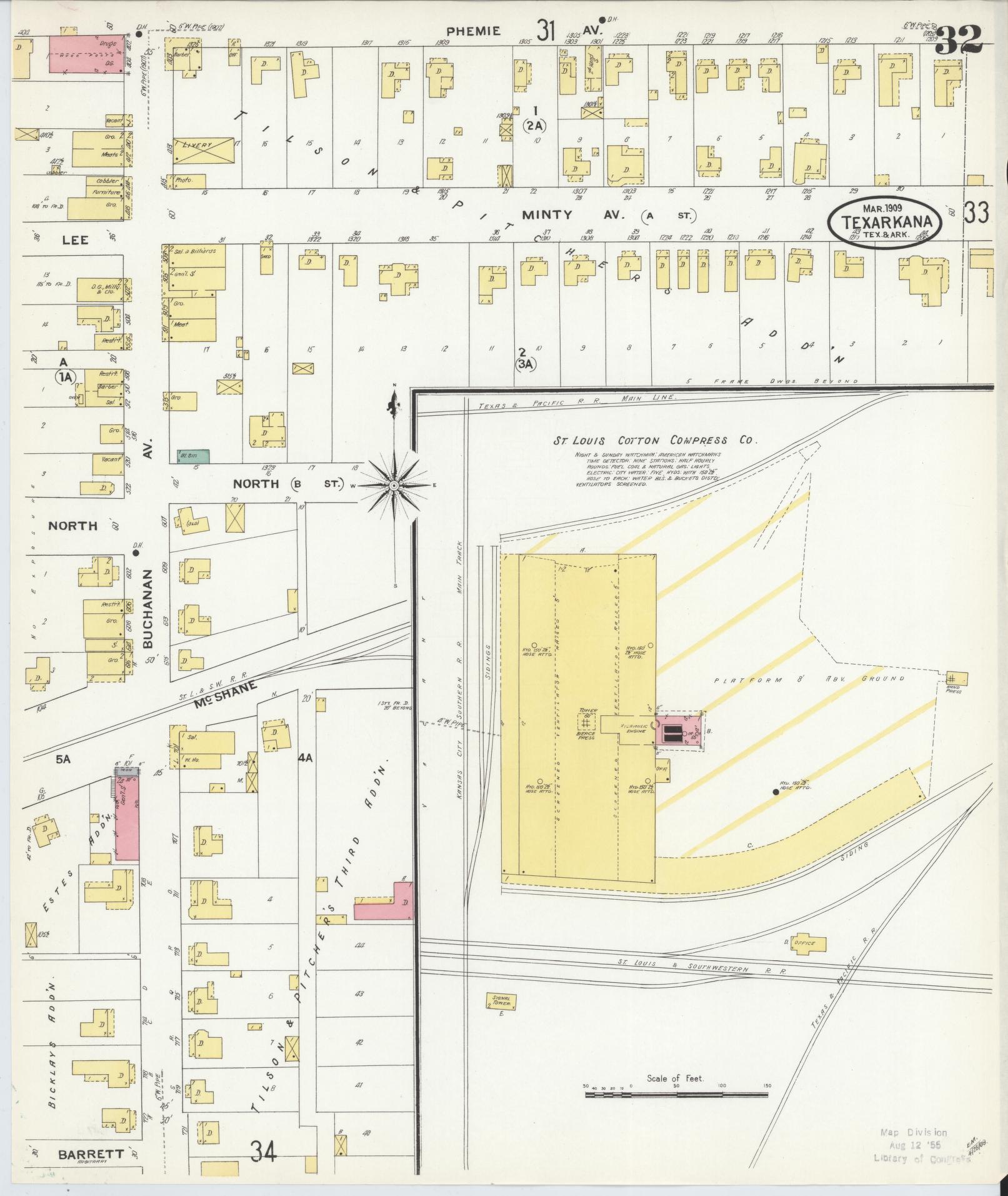 Sanborn Fire Insurance Map from Texarkana, Bowie County, Texas (1909), Sheet #0032 - Complete Map Set gallery image, historic Sanborn map, vintage wall art, Texas Texas