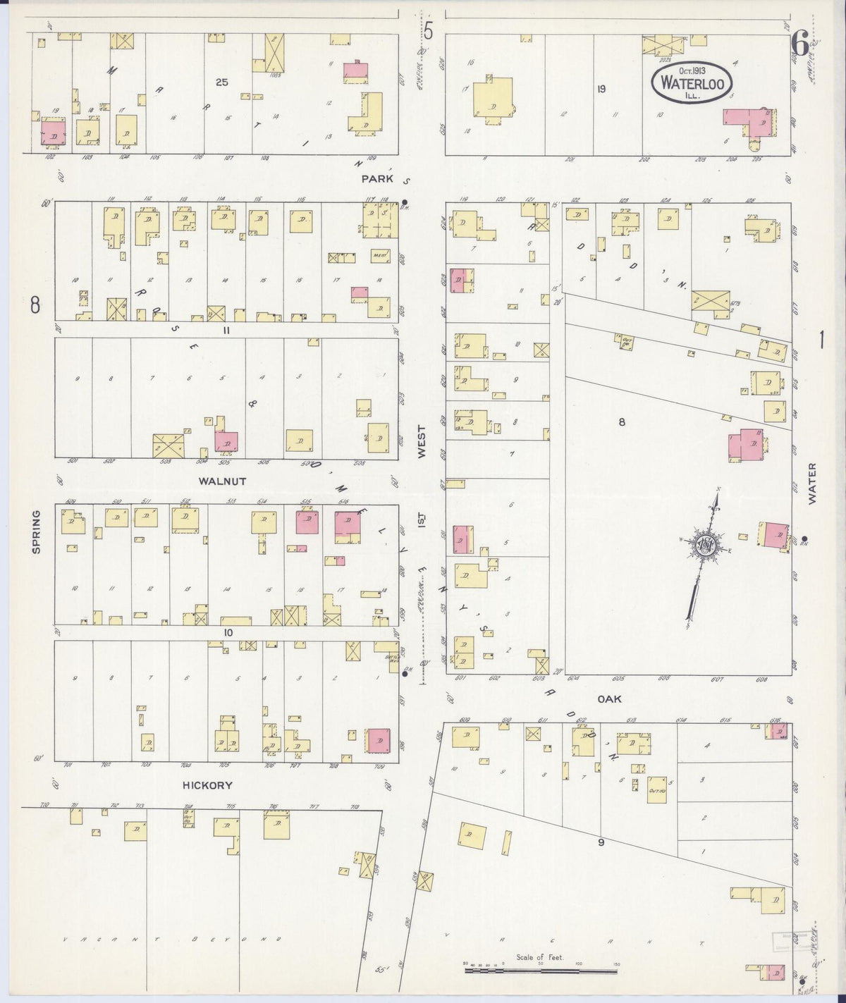 Sanborn Fire Insurance Map from Waterloo, Monroe County, Illinois (1913), Sheet #0006 - Historic Sanborn Fire Insurance Map Print, vintage old map wall art, antique decor, genealogy gift, Illinois Illinois map