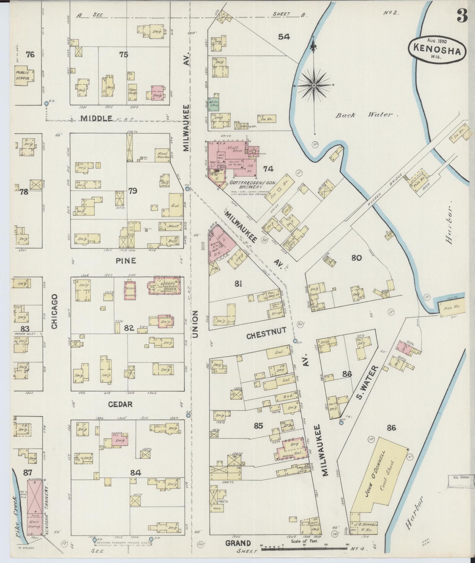 Sanborn Fire Insurance Map from Kenosha, Kenosha County, Wisconsin (1890), Sheet #0003 - Historic Sanborn Fire Insurance Map Print, vintage old map wall art, antique decor, genealogy gift, Wisconsin Wisconsin map