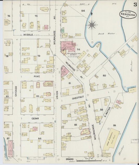 Sanborn Fire Insurance Map from Kenosha, Kenosha County, Wisconsin (1890), Sheet #0003 - Historic Sanborn Fire Insurance Map Print, vintage old map wall art, antique decor, genealogy gift, Wisconsin Wisconsin map