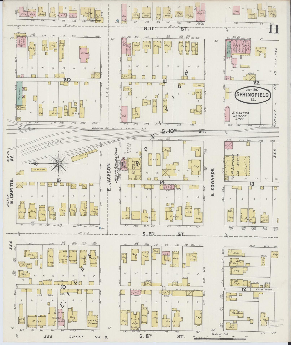 Sanborn Fire Insurance Map from Springfield, Sangamon County, Illinois (1890), Sheet #0011 - Complete Map Set gallery image, historic Sanborn map, vintage wall art, Illinois Illinois