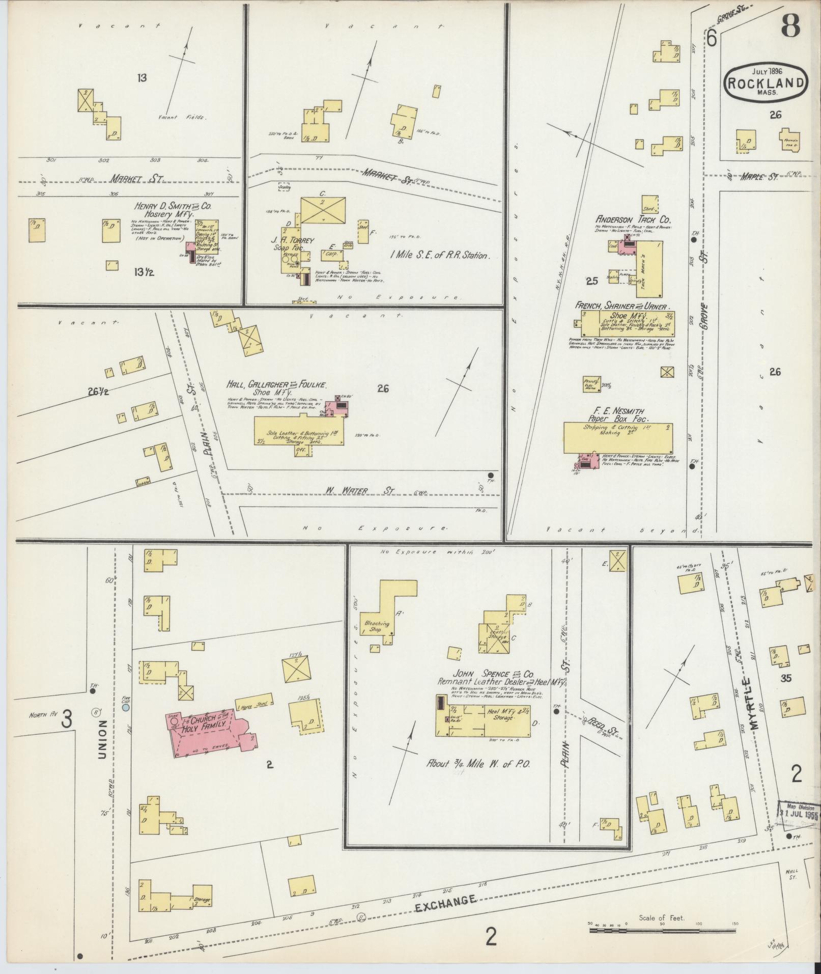 Sanborn Fire Insurance Map from Rockland, Plymouth County, Massachusetts (1896), Sheet #0008 - Complete Map Set gallery image, historic Sanborn map, vintage wall art, Massachusetts Massachusetts