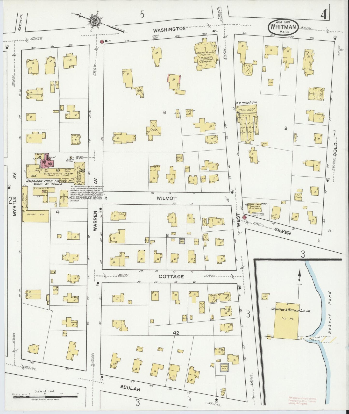 Sanborn Fire Insurance Map from Whitman, Plymouth County, Massachusetts (1919), Sheet #0004 - Historic Sanborn Fire Insurance Map Print, vintage old map wall art, antique decor, genealogy gift, Massachusetts Massachusetts map