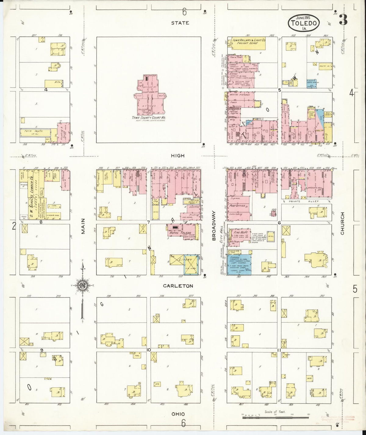 Sanborn Fire Insurance Map from Toledo, Tama County, Iowa (1915), Sheet #0003 - Historic Sanborn Fire Insurance Map Print, vintage old map wall art