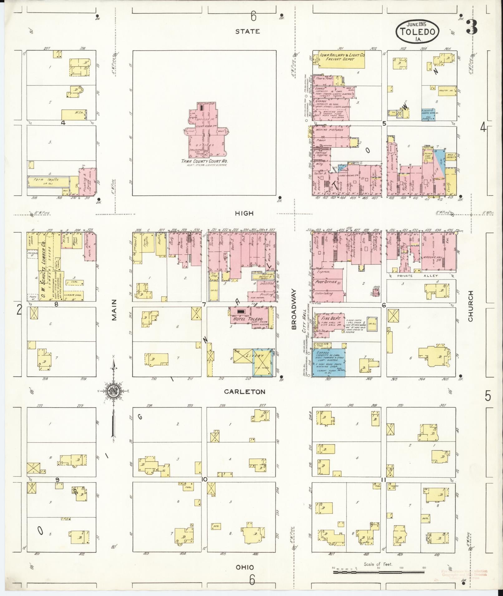 Sanborn Fire Insurance Map from Toledo, Tama County, Iowa (1915), Sheet #0003 - Historic Sanborn Fire Insurance Map Print, vintage old map wall art