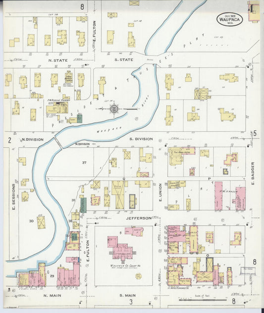 Sanborn Fire Insurance Map from Waupaca, Waupaca County, Wisconsin (1909), Sheet #0004 - Historic Sanborn Fire Insurance Map Print, vintage old map wall art, antique decor, genealogy gift, Wisconsin Wisconsin map