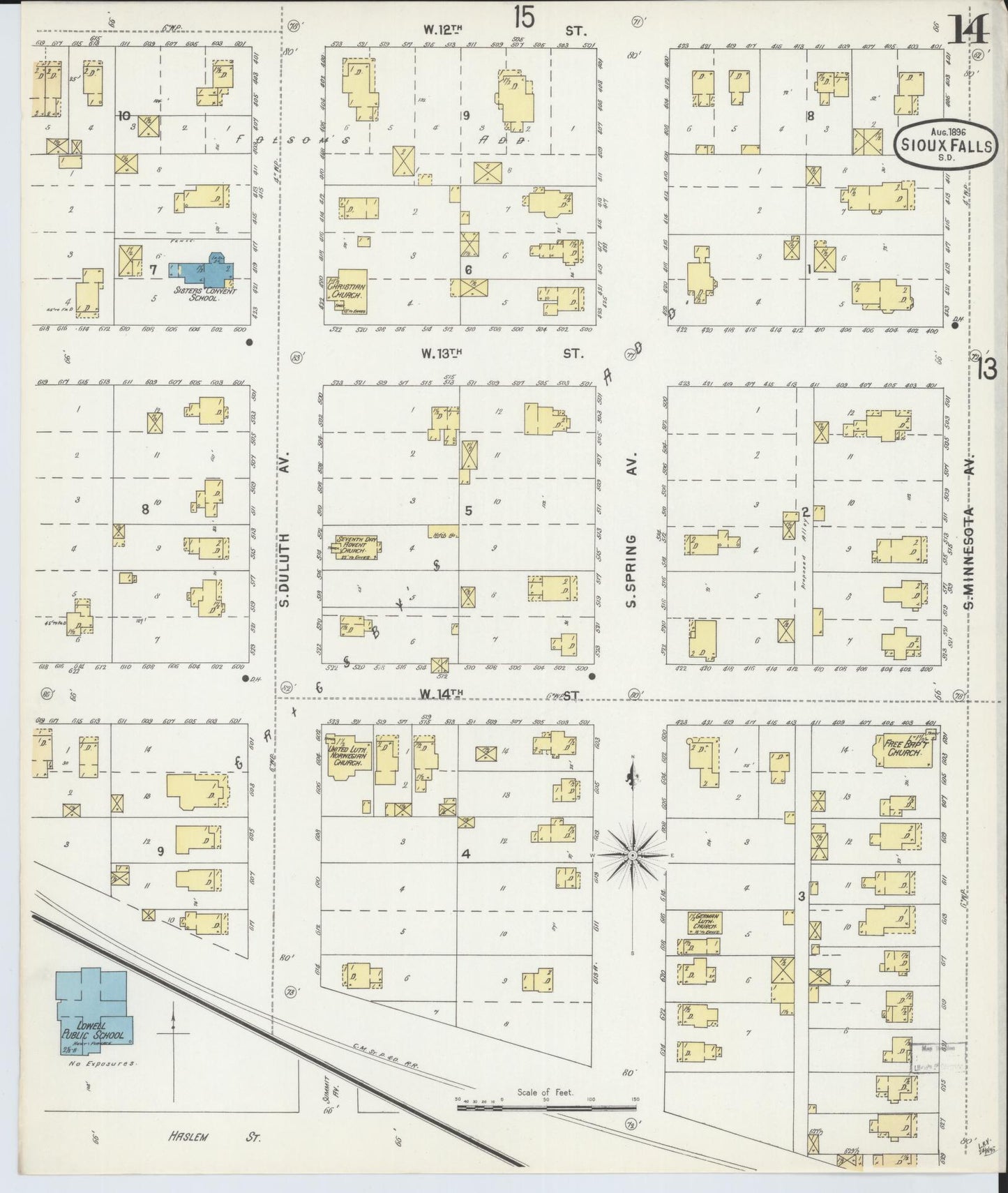 Sanborn Fire Insurance Map from Sioux Falls, Minnehaha County, South Dakota (1896), Sheet #0014 - Complete Map Set gallery image, historic Sanborn map, vintage wall art, South Dakota South Dakota